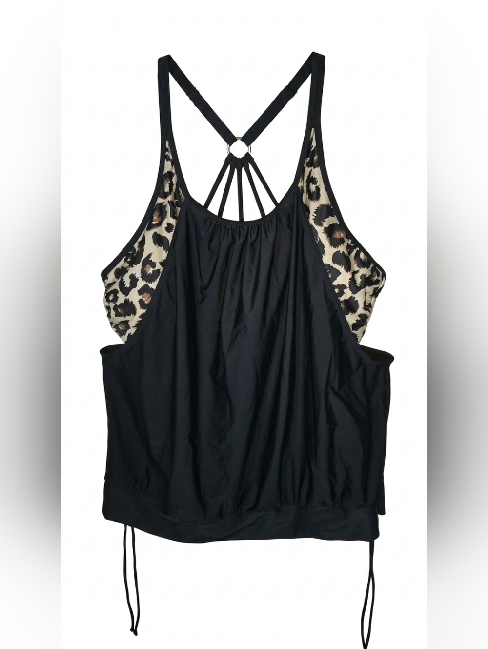 Black Tankini Top with Leopard Print‎ Blouson Built In Bra
